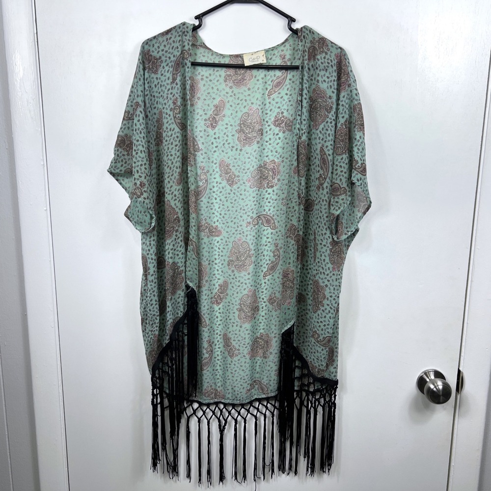 Womens Paisley‎ Kimono Duster Size M Fringe Teal Pink Made in USA Boho Festival
